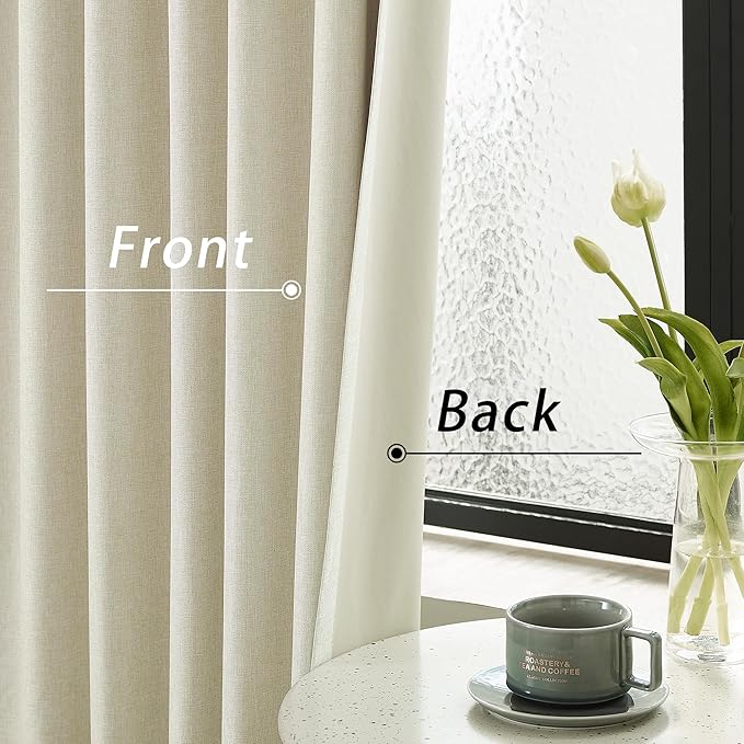 Full Blackout Cream Beige Curtains 63 Inch Long Linen Textured Curtains Thermal Insulated Heat Blocking Noise Reducing Vintage Drapes for Nursery Bedroom Rod Pocket&Back Tab 2 Panels 50W x 63L
