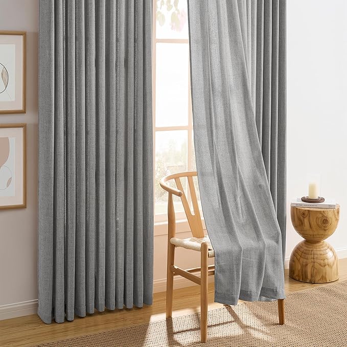 Grey Pinch Pleated Curtains 105 Inches Long 2 Panels, Soft Linen Textured Window Drapes for Bedroom Living Room Semi Sheer Light Filtering Back Tab with Hooks 70x105