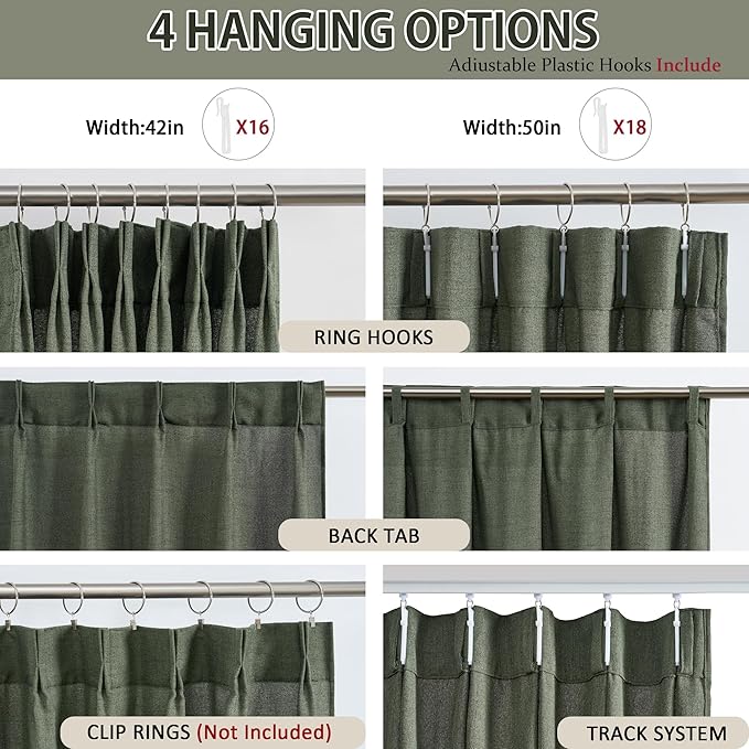 102 Inch Long Linen Blended Curtains for Sliding Glass Patio Door 2 PCs, Back Tab Pinch Pleated Drapes for Track System with Hooks, Semi Sheer Country Winodw Curtains 42x102-Loden/Olive Green