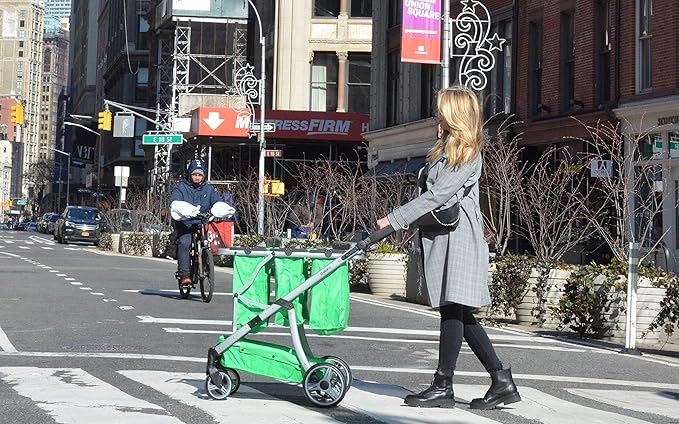 GreenCart Lightweight Cart with Reusable and Foldable 3 Bags Easy for Shopping and Carrying Groceries in Store (Black Frame + 3 Green Baskets)