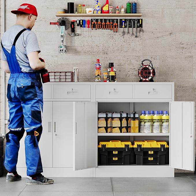 Metal Storage Cabinet, 36 Inch Tall Metal Storage Cabinet with Doors and Shelves, Pantry Cabinets with Drawer for Kitchen Storage, Garage Cabinet for Living, Dining Room, Assemble Required.