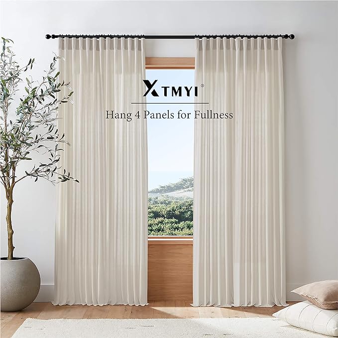 XTMYI 70 Inches Wide Country Curtains for Living Room,Sheer Linen Shabby Chic Curtains for Bedroom Oatmeal 108 Inches Long