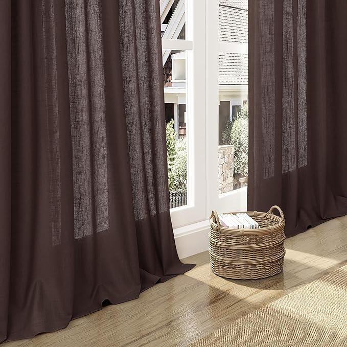 Nanspring Coffee Linen Textured 80 Inch Curtains 2 Panels Set Back Tab Rod Pocket Sheer Light Filtering Boho Room Decor Aesthetic Curtains Burlap Look Curtain Drapes for Living Room Bedroom 52x80