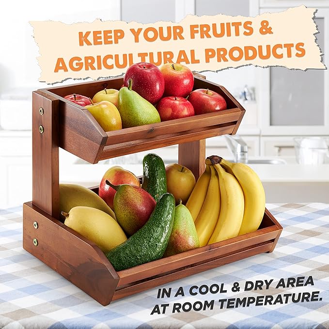 HOLANA Acacia 2 Tier Fruit Basket for Kitchen Counter Organizer – Wooden Fruit Bowl & Wooden Basket for Kitchen Counter Storage, Vegetable & Produce Storage, Snack Organizer for Countertop (Acacia)