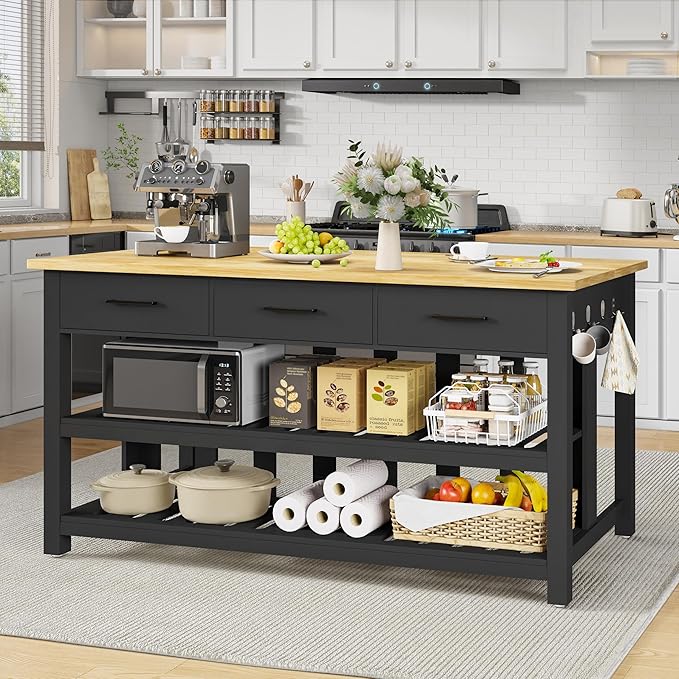 60" Solid Rubberwood Kitchen Island with Power Outlets - Extra Large Work Surface, 3 Drawers & 2 Open Shelves Storage Cabinet for Kitchen Dining Room, Farmhouse Style (Black)