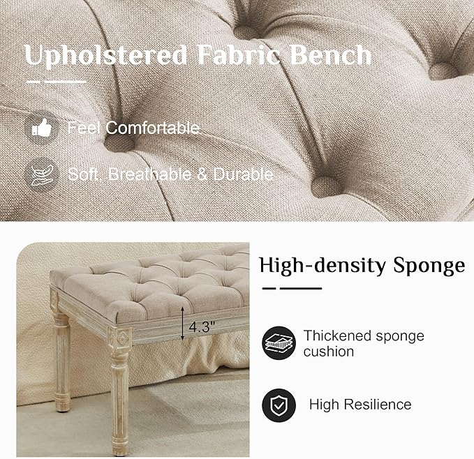 LOULENS French Vintage Bench, Linen Fabric Entryway Bench, Upholstered Tufted End of Bed Bench with Brushed Wood Legs,Light Brown
