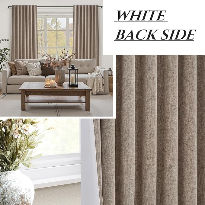 Dark Flax 100% Blackout Curtains 84 Inch Length 2 Panels Set Farmhouse Style for Bedroom Windows/Living Room Thermal Insulated Neutral Boho Drapes Linen Blend Chocolate 7ft Long Hook Belt Pleated