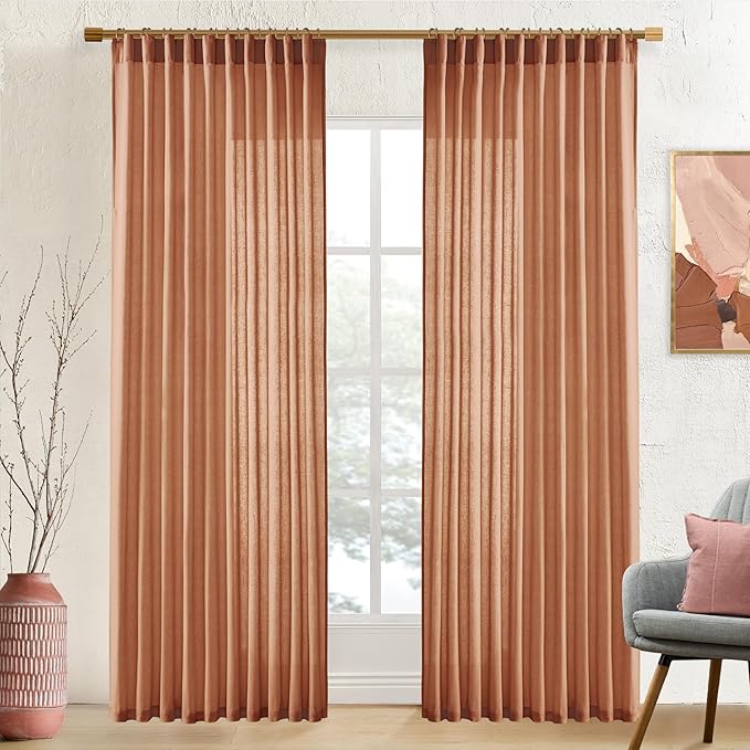 XTMYI Terracotta Country Curtains for Living Room,Sheer Linen Curtains for Bedroom 90 Inches Long,70 Inches Wide