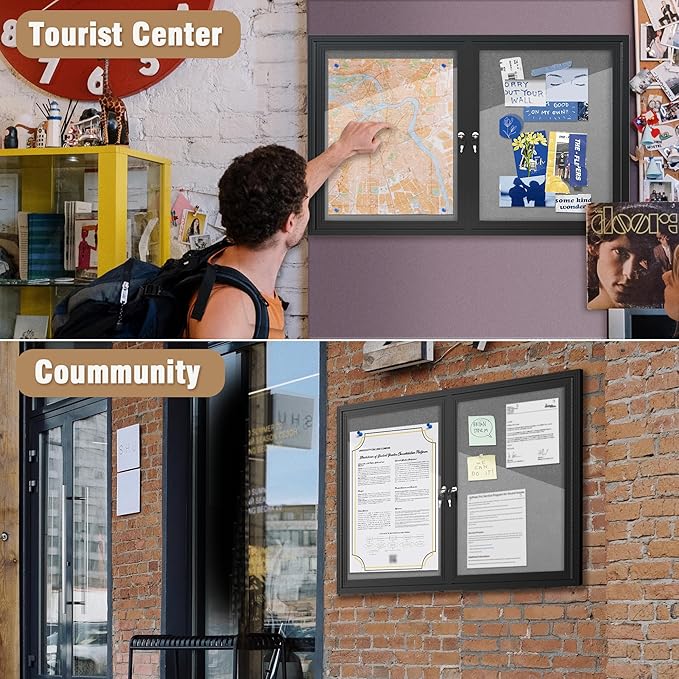 Mifuro 48"x30" Enclosed Bulletin Board, Outdoor Lockable Weather-Resistant Aluminum Cork Noticeboard for School & Office, Black Frame w/Grey Flet