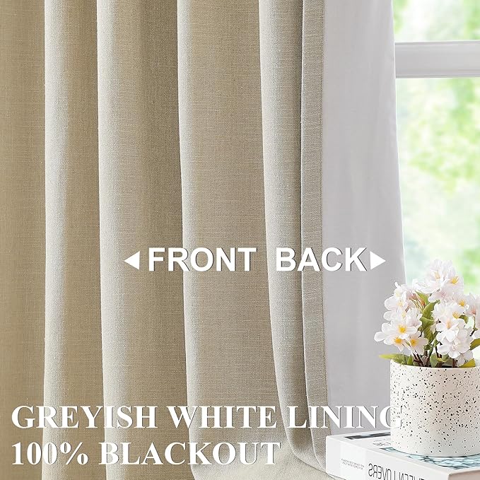 Vision Home Sand Pinch Pleated Full Blackout Curtains Linen Blended Room Darkening Window Curtains 112 inch for Living Room Bedroom Thermal Insulated Pinch Pleat Drapes with Hooks 40" Wx112 Lx2