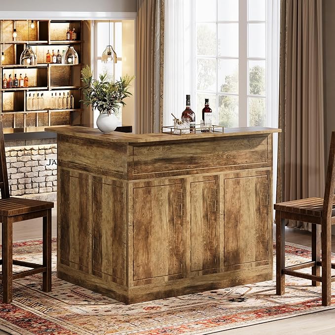 Tribesigns Bar Cabinet, L-Shaped Home Bar Table with Stemware Racks, 4-Tier Corner Bar Unit Liquor Wine Bar Table Reception Desk for Home Pub, Rustic Brown
