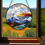 Stained Glass Window Hanging, Abstract Colorful Ocean Waves Landscape Suncatcher for Doors Window Home Sun Catchers Decor Mother's Day Birthday Gifts for Women, Men Mom 11.8 in