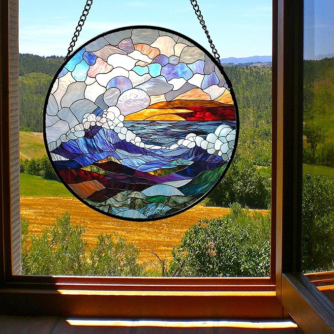 Stained Glass Window Hanging, Abstract Colorful Ocean Waves Landscape Suncatcher for Doors Window Home Sun Catchers Decor Mother's Day Birthday Gifts for Women, Men Mom 7.8 in