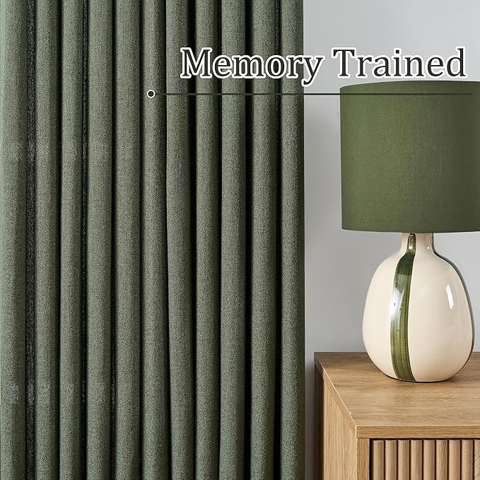 102 Inch Long Linen Blended Curtains for Sliding Glass Patio Door 2 PCs, Back Tab Pinch Pleated Drapes for Track System with Hooks, Semi Sheer Country Winodw Curtains 42x102-Loden/Olive Green