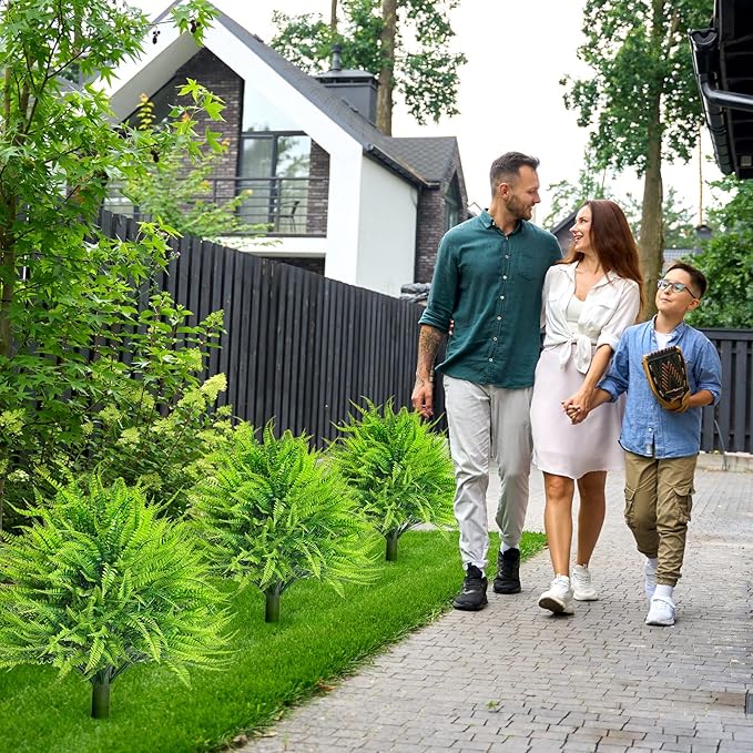 4 Artificial Boston Fern with Integrated Ground Stake 24'' Realistic UV Resistant Faux Plant with Spike for Indoor Outdoor Garden Yard Spring Summer Wedding Decoration