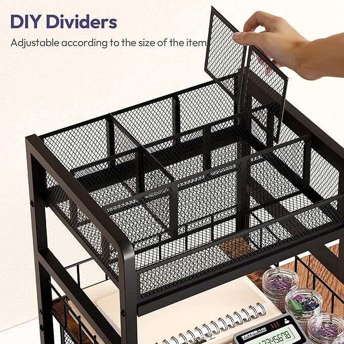 SWTYMIKI Rolling Cart with Drawers - Metal Utility Cart with Wood Shelf, DIY Divider and Locking Wheels, Craft & Art Cart Organizer for Under Desk Storage for Home Office Studio, Black