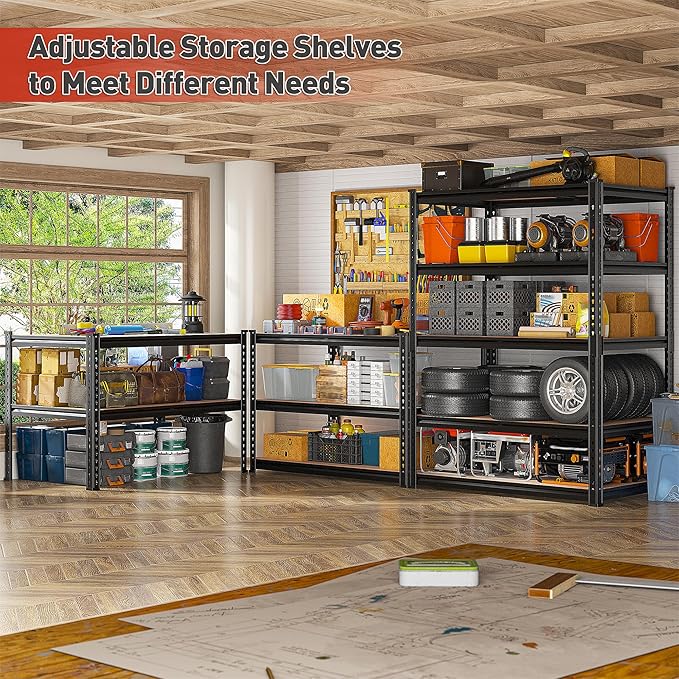 REIBII 2020LBS Storage Shelves 5 Tier Garage Shelving Heavy Duty, Adjustable Metal Shelving Unit, Garage Shelves for Basement, Warehouse, Pantry, Closet, Kitchen 72" H x 35.55" W x 16" D, Black