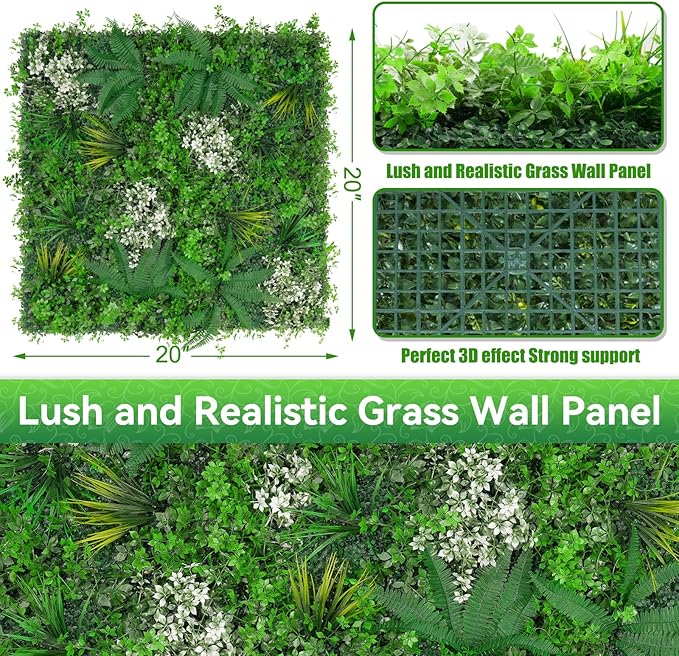 20"x20" Grass Wall Panels, 16PCS Artificial Greenery Backdrop Wall with UV Resistant Leaves, Faux Green Wall Decor for Outdoor Indoor Patio Garden Backyard