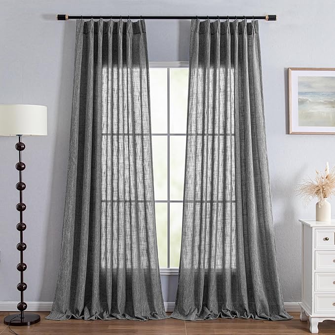 MYSKY HOME Grey Bedroom Curtains Semi Sheer Light Filtering Privacy Drapes Linen Look Textured Boho Country for Living Room, Pinch Pleated Curtain for Dining Room, 40 x 90 in, Dark Grey, 2 Panels