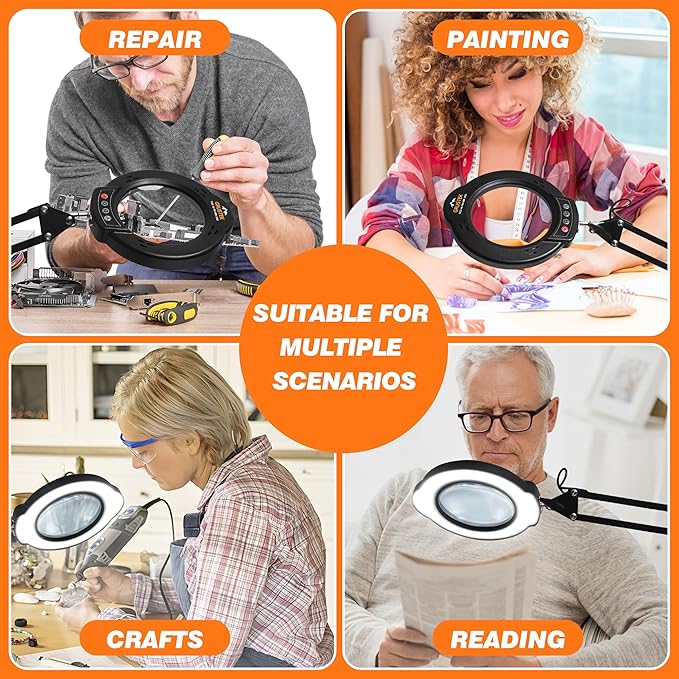 10X Magnifying Glass with Light and Clamp, 5 Color Stepless Dimmable Modes 84 LEDs Magnifier with Light Hands Free for Reading Sewing Crafts Repair and Close Work (10X Clamp)
