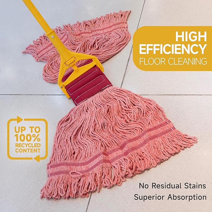 ONESIMUS 30 oz Pack of 3 Cleaning Heavy Duty Industrial Commercial Grade Looped-End Mop Head Replacement,6'' Headband Cotton String Wet Mop Head Refills,Machine Washable Red Mop