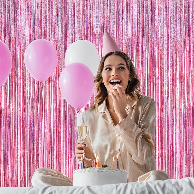 8 Pack Pink Backdrop, 3.28 FT x 7.05 FT Fringe Curtains, Metallic Glitter Pink Fringe Party Streamer Foil Curtains Tinsel Backdrop, Pink Decorations Bachelorette Valentines Day Party Supplies