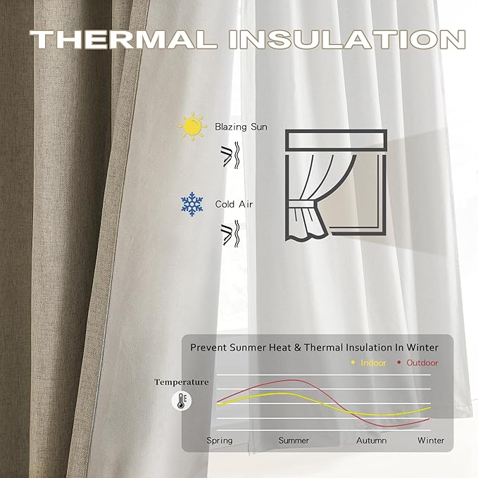 DUALIFE Taupe Blackout Curtains for Bedroom 90 Inch Length, Linen Pencil Pleat Farmhouse Traverse 100% Black Out Heat & Cold Back Tab Drapes with Hooks for Track System Sliding Door 2 Panels