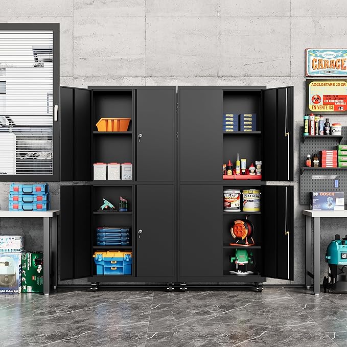 Metal Storage Cabinet-Heavy Duty Rolling Tool Cabinet Garage Storage Cabinets with Adjustable Shelves&Lockable Doors - Black