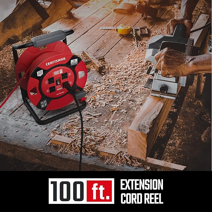 CRAFTSMAN 100 Ft. Retractable Extension Cord Reel With 4 Outlets & Heavy Duty 14AWG SJTW Cable