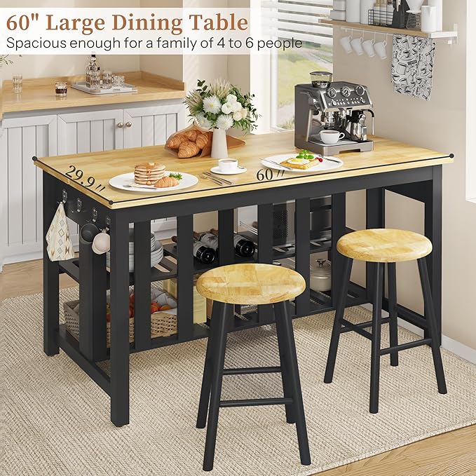 60" Solid Rubberwood Kitchen Island with Power Outlets - Extra Large Work Surface, 3 Drawers & 2 Open Shelves Storage Cabinet for Kitchen Dining Room, Farmhouse Style (Black)