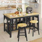 60" Solid Rubberwood Kitchen Island with Power Outlets - Extra Large Work Surface, 3 Drawers & 2 Open Shelves Storage Cabinet for Kitchen Dining Room, Farmhouse Style (Black)