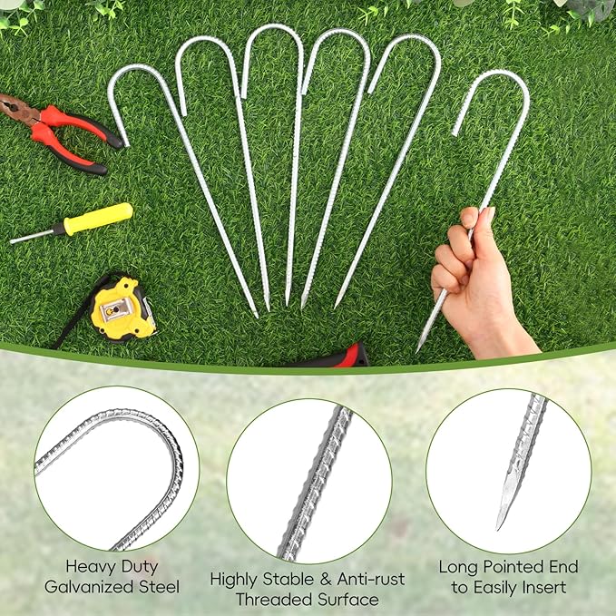 CEWOR 6 Pack 12 Inch Rebar Stakes, J Hook Tent Stakes Heavy Duty Long Galvanized Ground Anchors Metal Spikes Landscape Yard Stakes for Signs, Trampoline, Chain Link Fence, Outdoor Decoration