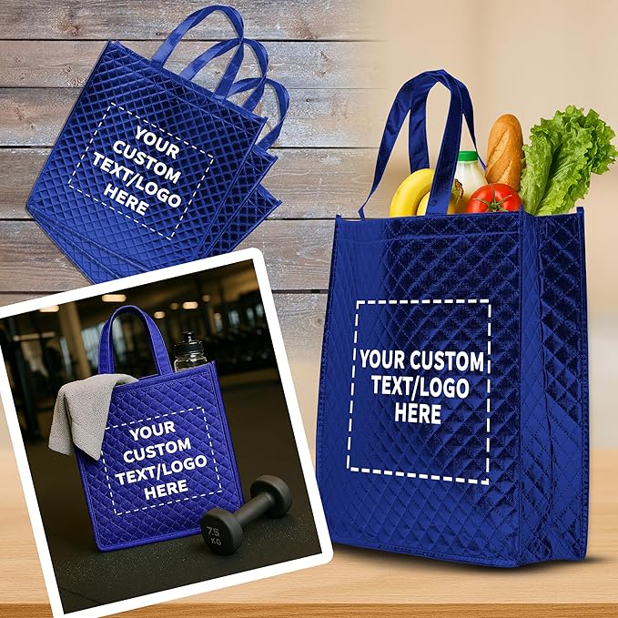 DISCOUNT PROMOS Custom Luxurious Laminated Tote Bags Set of 100, Personalized Bulk Pack - Reusable, Great for Shopping, Beach, Wedding Favors - Royal Blue