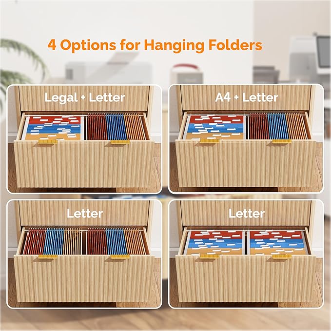 VINGLI 2 Drawer File Cabinet, Home Office Filing Organizer, for Letter Legal A4 Size File Folder Storage, Modern Style Fluted Design, Wood Lateral Filing Cabinet, Printer Stand, Archivador (Oak)