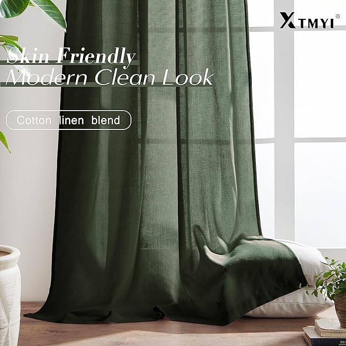 XTMYI 2 Panels Olive Green 108 Inch Length Back Tab/Hook Belt Linen Cotton Sheer Curtains for Bedroom 2 Panels,70 Inch Wide