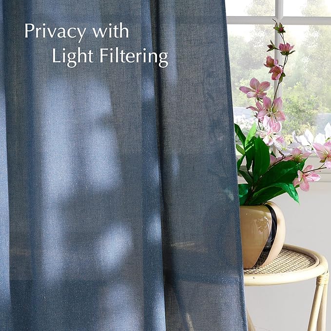 NICETOWN Thick Linen Semi Sheer Navy Blue Curtains for Bedroom, Pleat Tape Semi Sheer Privacy Added with Light Filtering Window Treatments for Farmhouse/Bedroom, W52 x L84, 2 Panels