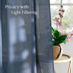 NICETOWN Thick Linen Semi Sheer Navy Blue Curtains for Living Room, Pleat Tape Semi Sheer Privacy Added with Light Filtering Window Treatments for Farmhouse/Bedroom, W52 x L95, 2 Panels