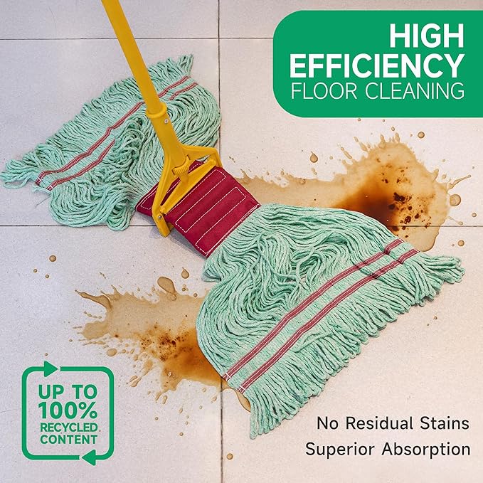 ONESIMUS 30 oz Pack of 6 Cleaning Heavy Duty Industrial Commercial Grade Looped-End Mop Head Replacement,6'' Headband Cotton String Wet Mop Head Refills,Machine Washable Green Mop