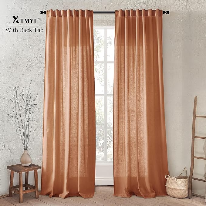 XTMYI Terracotta 90 Inch Length 2 Panels Back Tab/Hook Belt Linen Cotton Sheer Curtains for Bedroom Set