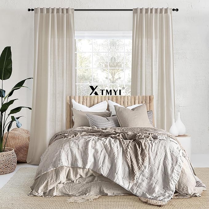 XTMYI 50 Inches Wide 105 Inches Long Country Curtains for Living Room,Sheer Linen Shabby Chic Curtains for Bedroom Oatmeal