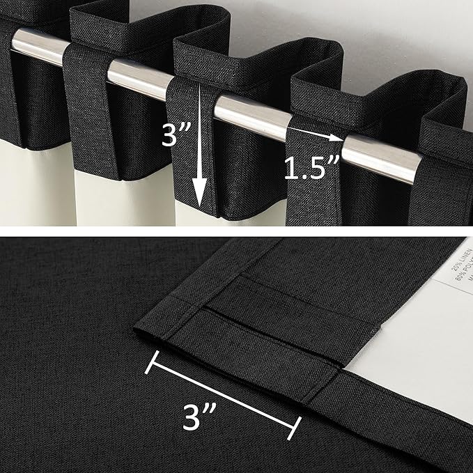 DUALIFE 100% Blackout Linen Black Curtains 84 Inch for Living Room Darkening, Bedroom Linen Drapes 84 Inches Long Rod Pocket/Back Tab Heat Blocking Bohemian Pleated Window Curtain(50"x84"x2)