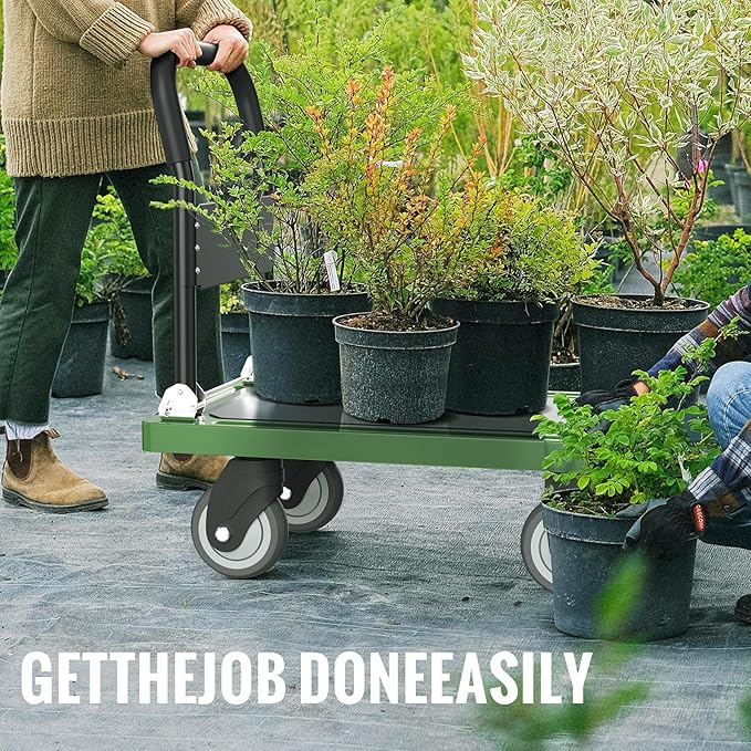 Upgraded Foldable Push Cart Dolly | 880 lbs. Capacity Moving Platform Hand Truck | Heavy Duty Space Saving Collapsible | Swivel Push Handle Flat Bed Wagon - Green