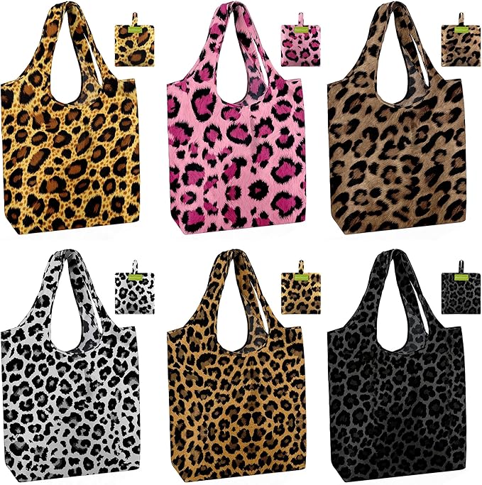 BeeGreen Leopard Print Reusable Grocery Bags 6 Pack, Heavy Duty Totes for Women, Foldable Grocery Bag Large Shopping Totes with Handles for Work, Travel, Gift, Polyester Washable Reusable Tote Bag