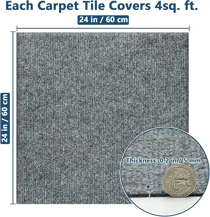 Carpet Tiles Peel and Stick 24” x 24”, Self Adhesive Soft Padded Flooring Stickers, Light Gray Home Decor for Bedroom Living Room Office, 20 Tiles & 80 sq ft per Box