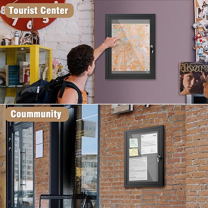 Mifuro 26"x20" Enclosed Bulletin Board, Outdoor Lockable Weather-Resistant Aluminum Cork Noticeboard for School & Office, Black Frame w/Grey Flet