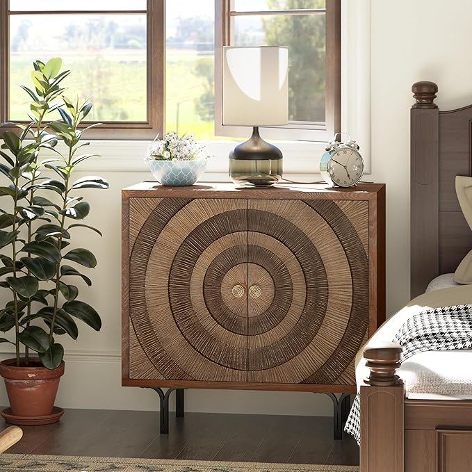 Farmhouse 2-Door Storage Cabinet, Accent Wooden Storage Cabinet with Circle Pattern and Radioactive Wood Lines, for Living Room, Dining Room, Bedroom, Natural Wood Color
