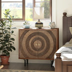 Farmhouse 2-Door Storage Cabinet, Accent Wooden Storage Cabinet with Circle Pattern and Radioactive Wood Lines, for Living Room, Dining Room, Bedroom, Natural Wood Color