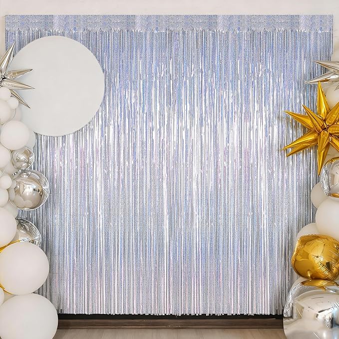 2 Pack Silver Metallic Tinsel Foil Curtains, 3.28 FT x 7.05 FT Glitter Silver Fringe Curtains, New Year Door Streamer Tinsel Backdrop Photo Booth for NYE Party Birthday Engagement Party Decorations