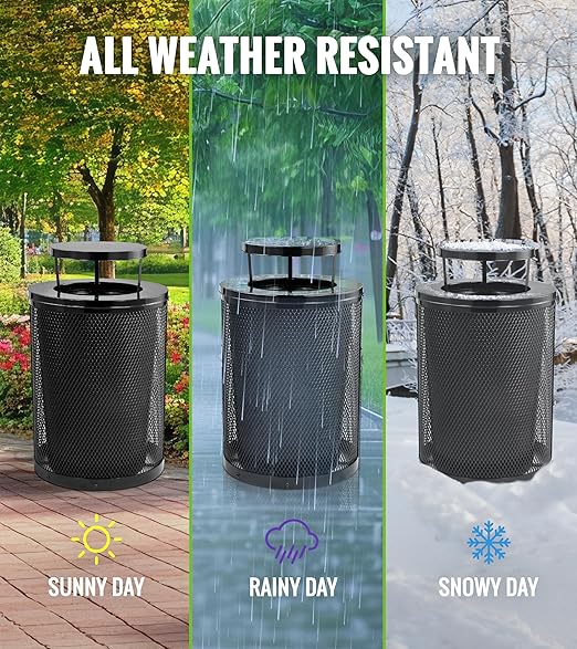 Alpine Outdoor Trash Can 36 Gallon Diamond Steel Commercial Metal Waste Bin with Leak Proof Liner, Heavy Duty Steel Mesh Design, Rain Bonnet Lid & Flat Lid for Parks, Streets, and Public Spaces-Black
