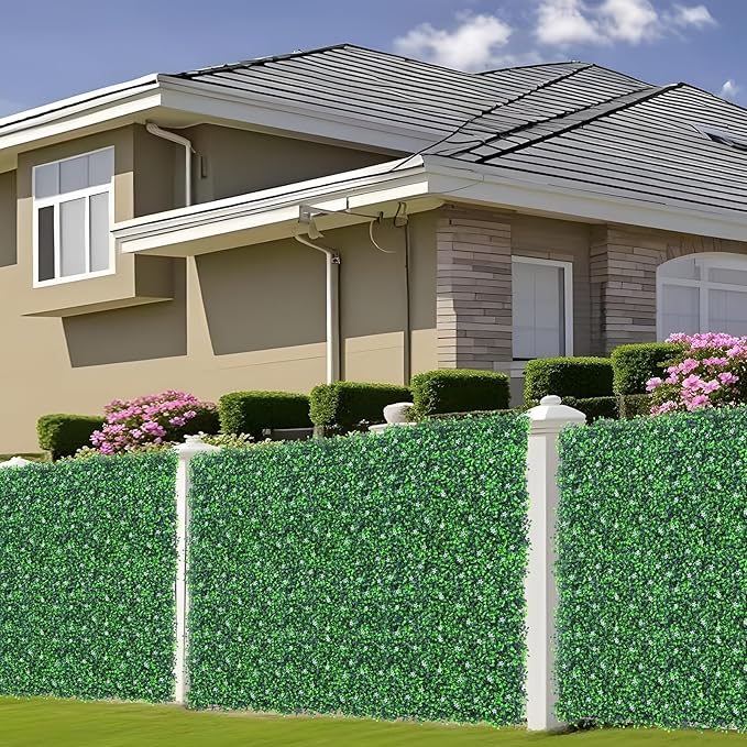 48"x 144"(47 sq.ft) Artificial Boxwood Roll Panels with Flowers, UV-Anti Faux Ivy Leaves Privacy Fence Screen, Grass Wall Roll Panels for Indoor Home Decor and Outdoor Garden Backyard